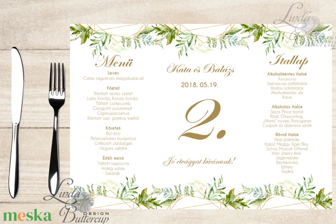 Esküvői Menü, menüsor, itallap, italok, asztalszám, greenery, zöld leveles, természetközeli, borostyán, eukaliptusz - esküvő - meghívó & kártya - menü - Meska.hu