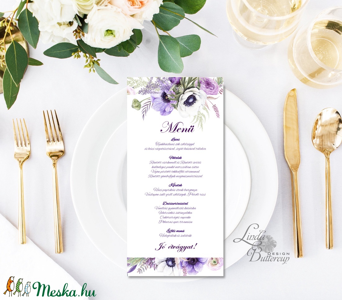 Egy lapos Menü, Itallap, Étlap, Vacsora, esküvői menüsor, virágos, romantikus, nyugalmas, békés -  - Meska.hu