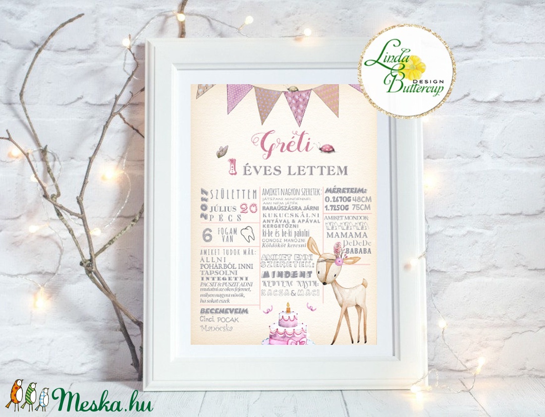 Szülinapi kép, Babaszoba Dekoráció, őzike, őz, Gyerekszoba kép, falikép, erdei állat, baba kép, baby, 1 éves - otthon & életmód - babaszoba, gyerekszoba - babaszoba kép - Meska.hu
