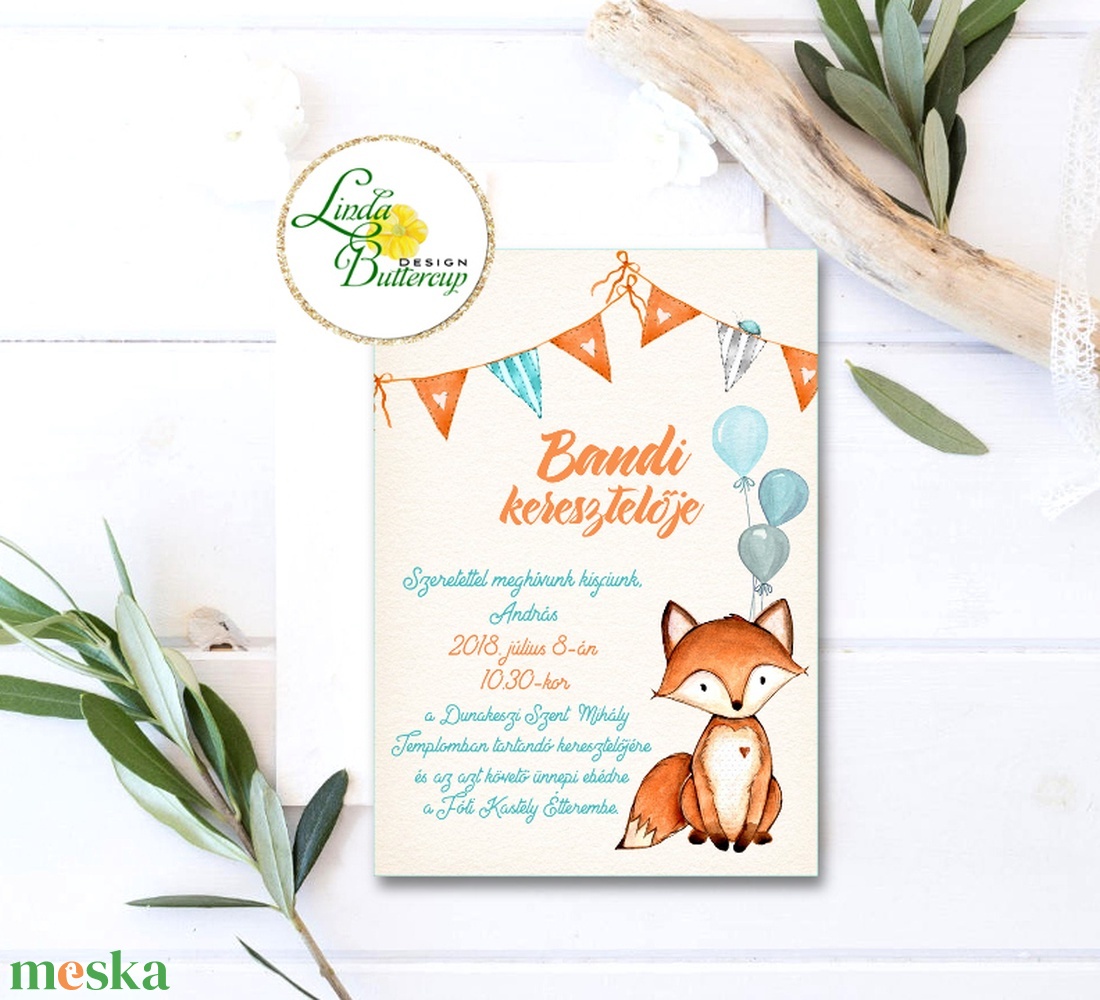 Keresztelő meghívó, róka, Babaváró képeslap, Babaköszöntő képeslap, Keresztelő, kisfiú, kislány, baba, baby, újszülött - otthon & életmód - papír, írószer - Meska.hu