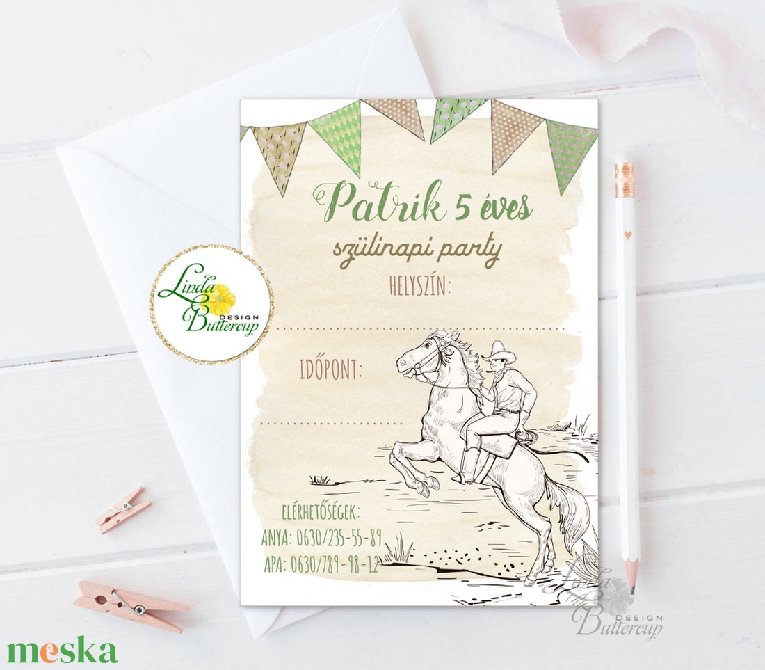 Szülinapi meghívó, cowboy, születésnap képeslap, Babaköszöntő, fiús, kisfiú, ló, lovas, tanya, lovarda, +SZERKESZTÉSIDÍJ - otthon & életmód - papír, írószer - ajándékozás kellékei - képeslap, üdvözlőlap - Meska.hu