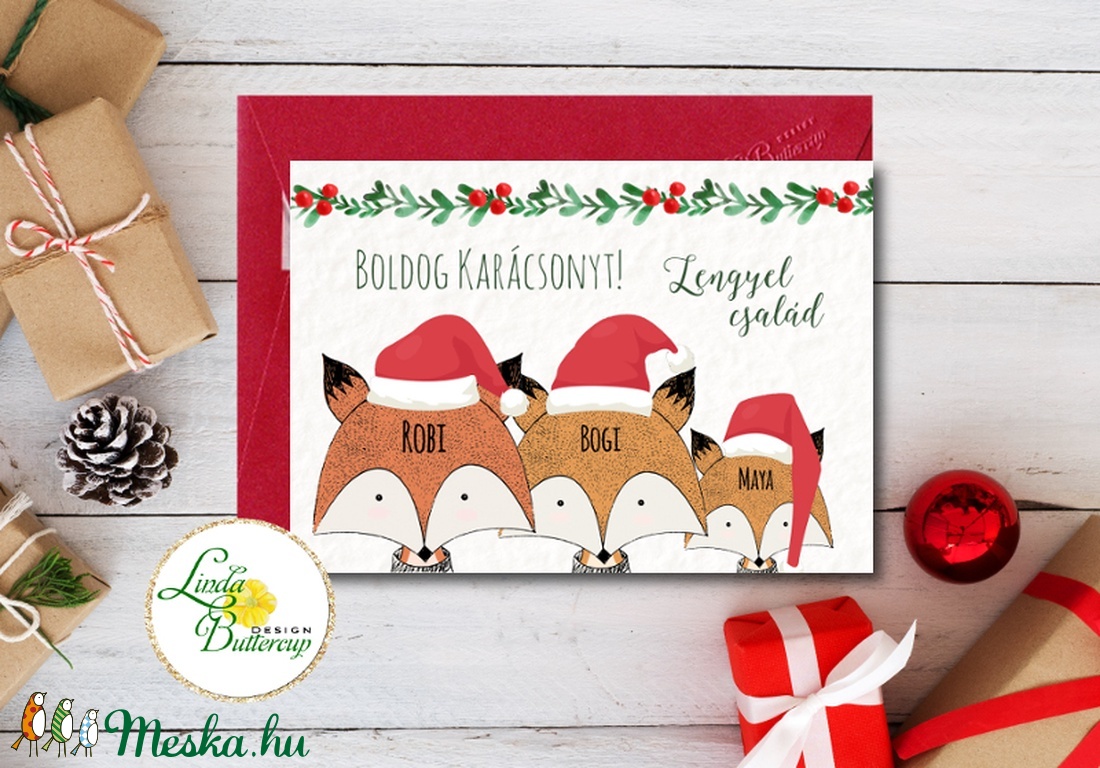 Karácsonyi képeslap, róka,róka család, rókás, Karácsonyi képeslap, személyre szóló, névre szóló, személyes, egyedi - karácsony - karácsonyi ajándékozás - karácsonyi képeslap, üdvözlőlap, ajándékkísérő - Meska.hu