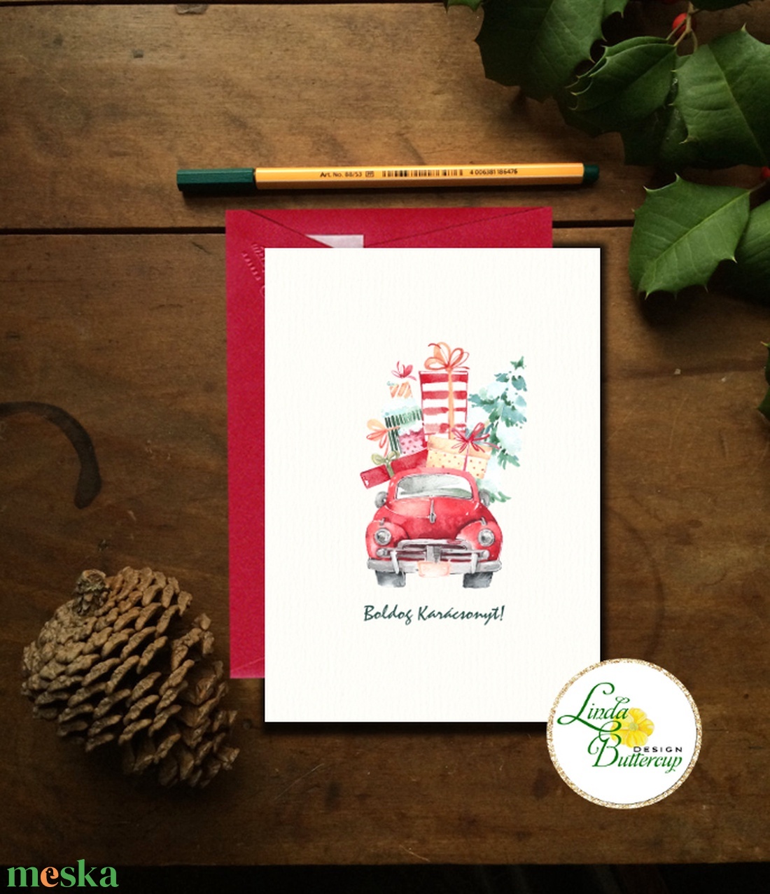 Autós Karácsonyi Képeslap, Retro, auto, bogár, fenyő, adventi Kártya, Vintage Karácsonyi üdvözlőlap, Vintage, fenyőfa - karácsony - karácsonyi ajándékozás - karácsonyi képeslap, üdvözlőlap, ajándékkísérő - Meska.hu