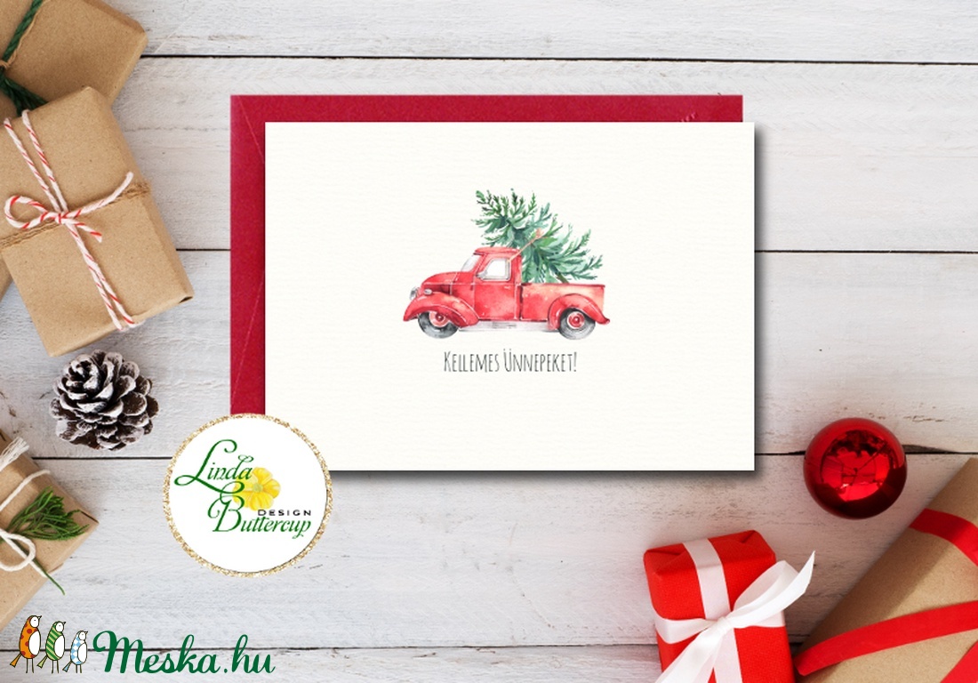 Autós Karácsonyi Képeslap, Retro, piros auto, bogár, fenyő, adventi Kártya, Karácsonyi üdvözlőlap, Vintage, fenyőfa - karácsony - karácsonyi ajándékozás - karácsonyi képeslap, üdvözlőlap, ajándékkísérő - Meska.hu