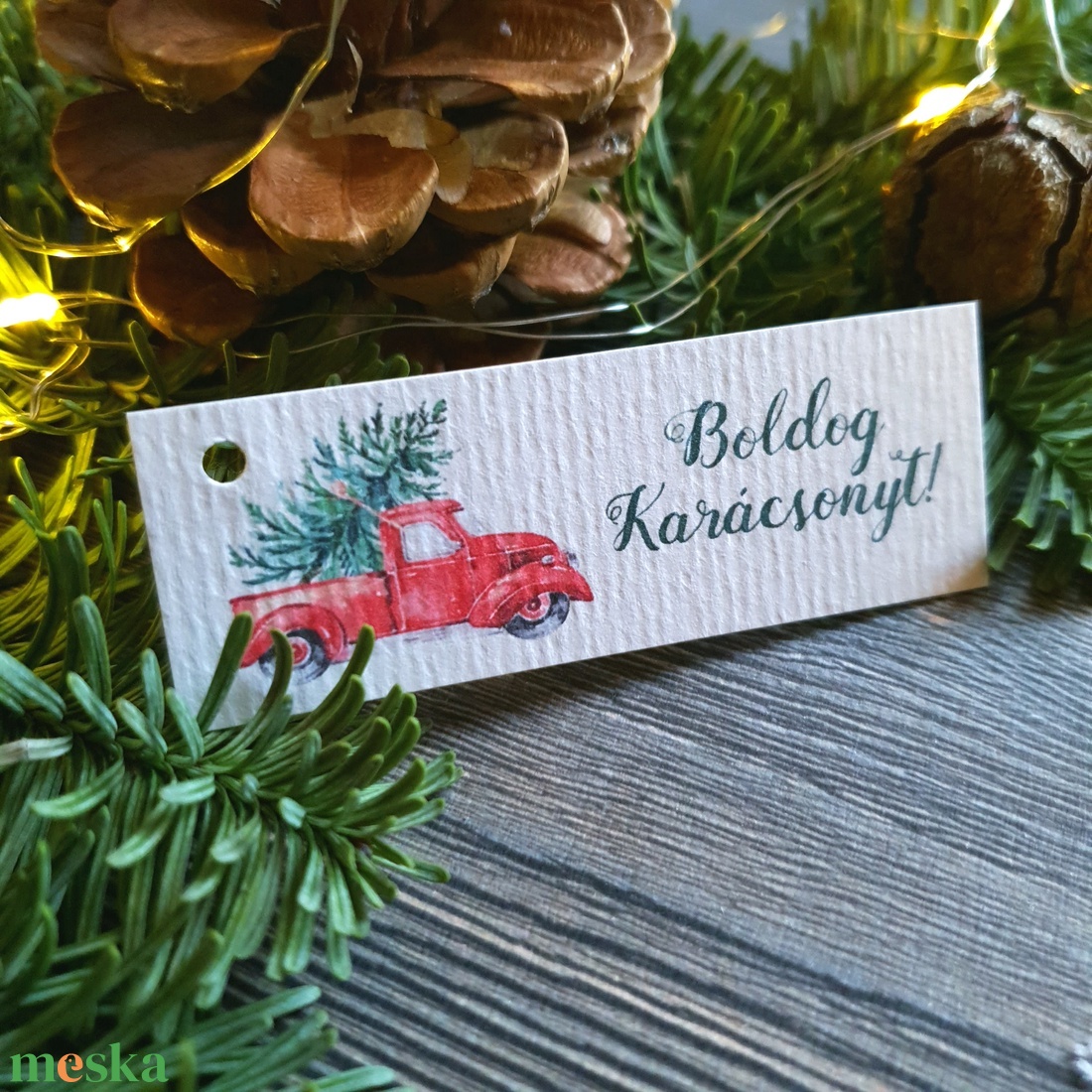 Karácsonyi Ajándékkísérő, piros autó, piros kamion, fenyőfa, red car, Adventi Kártya, Ünnepi, kiskártya, ajándékkártya -  - Meska.hu