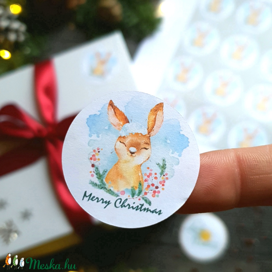 MATRICA, 20db, nyuszi, körmatrica, kör, címke, Karácsonyi Ajándékkísérő,  cédula, vignetta, levonó, sticker, csomagolás - karácsony - karácsonyi ajándékozás - karácsonyi képeslap, üdvözlőlap, ajándékkísérő - karácsonyi ajándékozás - Meska.hu