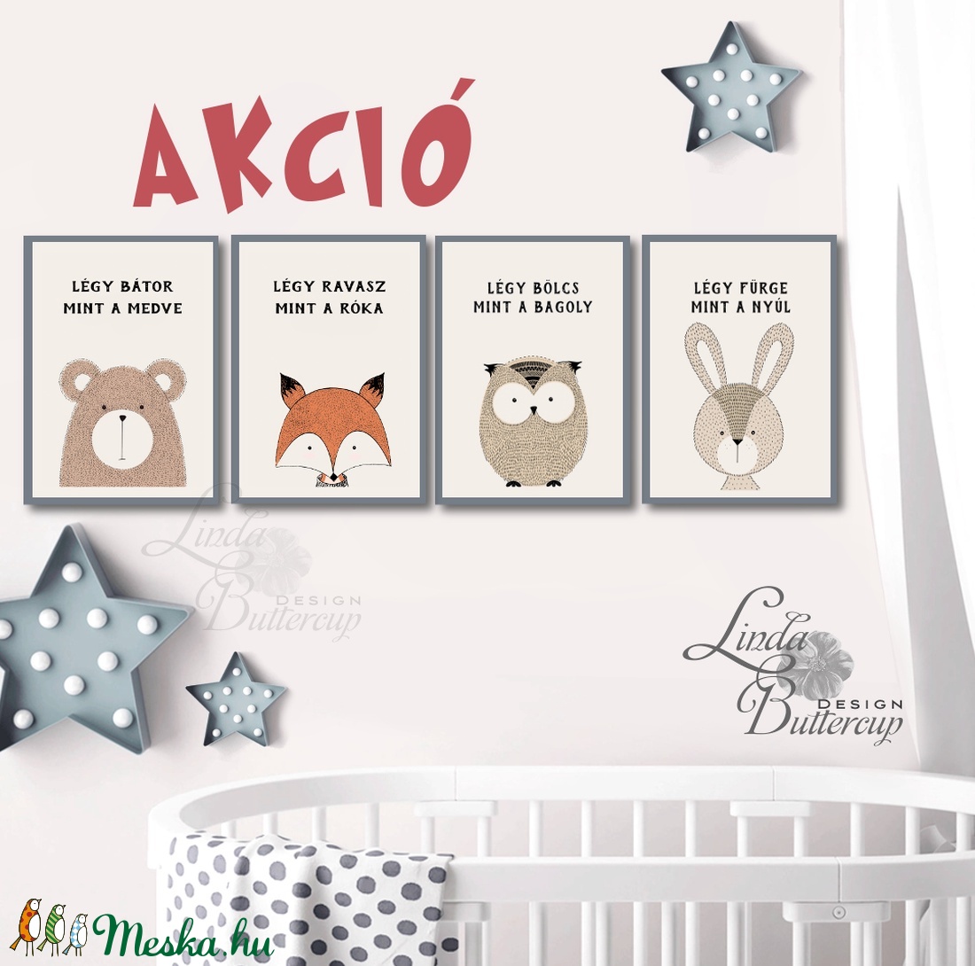 AKCIÓ! Babaszoba falikép, Állatos festmény, Erdeiállat, kép, Gyerekszoba dekoráció, medve, róka, bagoly, minimal, modern - otthon & életmód - dekoráció - Meska.hu