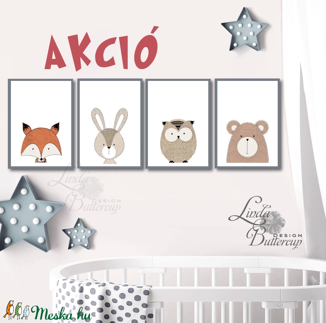 Állatos, Babaszoba fali dekoráció, maci, róka, bagoly, nyuszi, nyúl, fali kép, minimal design, A4 méret - otthon & életmód - dekoráció - kép & falikép - Meska.hu