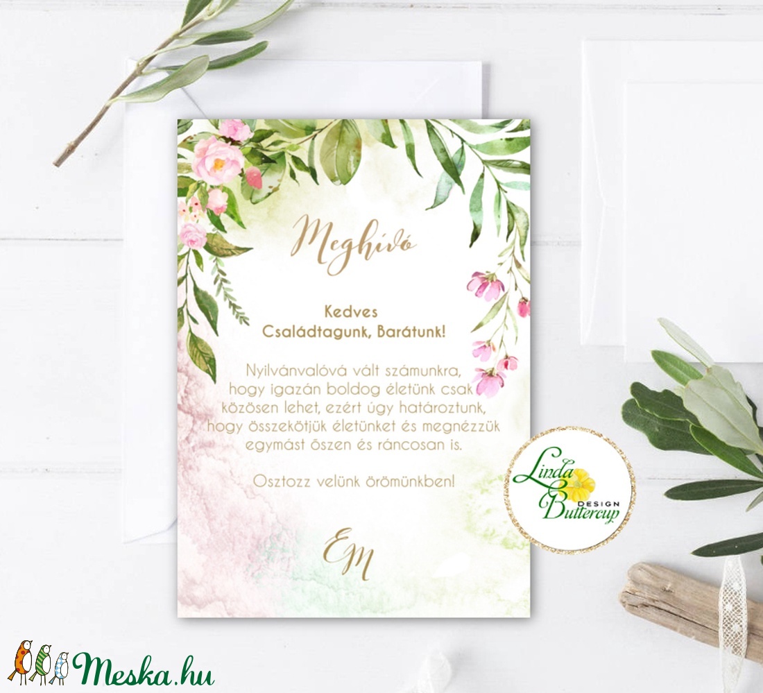 Titkos kert, Pink virágos vízfesték meghívó, erdei leveles, greenery esküvői meghívó, secret garden - esküvő - meghívó & kártya - meghívó - Meska.hu