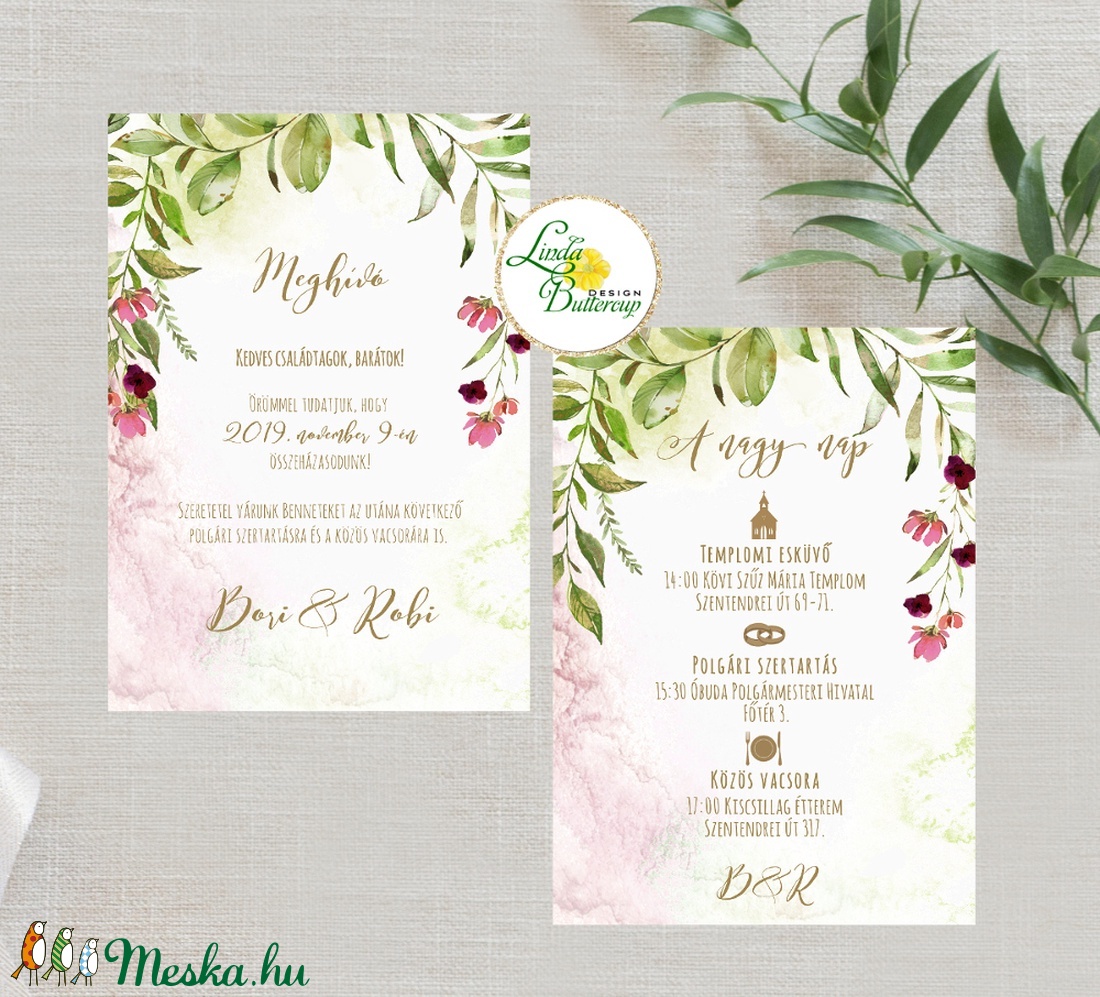 vízfesték meghívó, erdei leveles, bordó virágos, greenery esküvői meghívó, secret garden - esküvő - meghívó & kártya - meghívó - Meska.hu