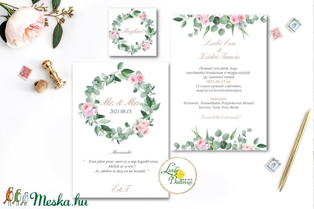 Pink - Greenery meghívó, Rózsaszín virágos, Zöld leveles esküvői meghívó, bazsarózsa - esküvő - meghívó & kártya - meghívó - Meska.hu