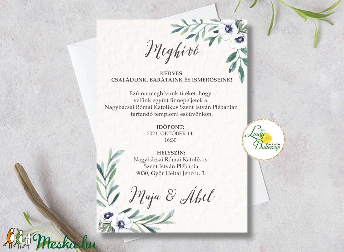 Greenery esküvői meghívó, zöld levél ág - esküvő - meghívó & kártya - meghívó - Meska.hu