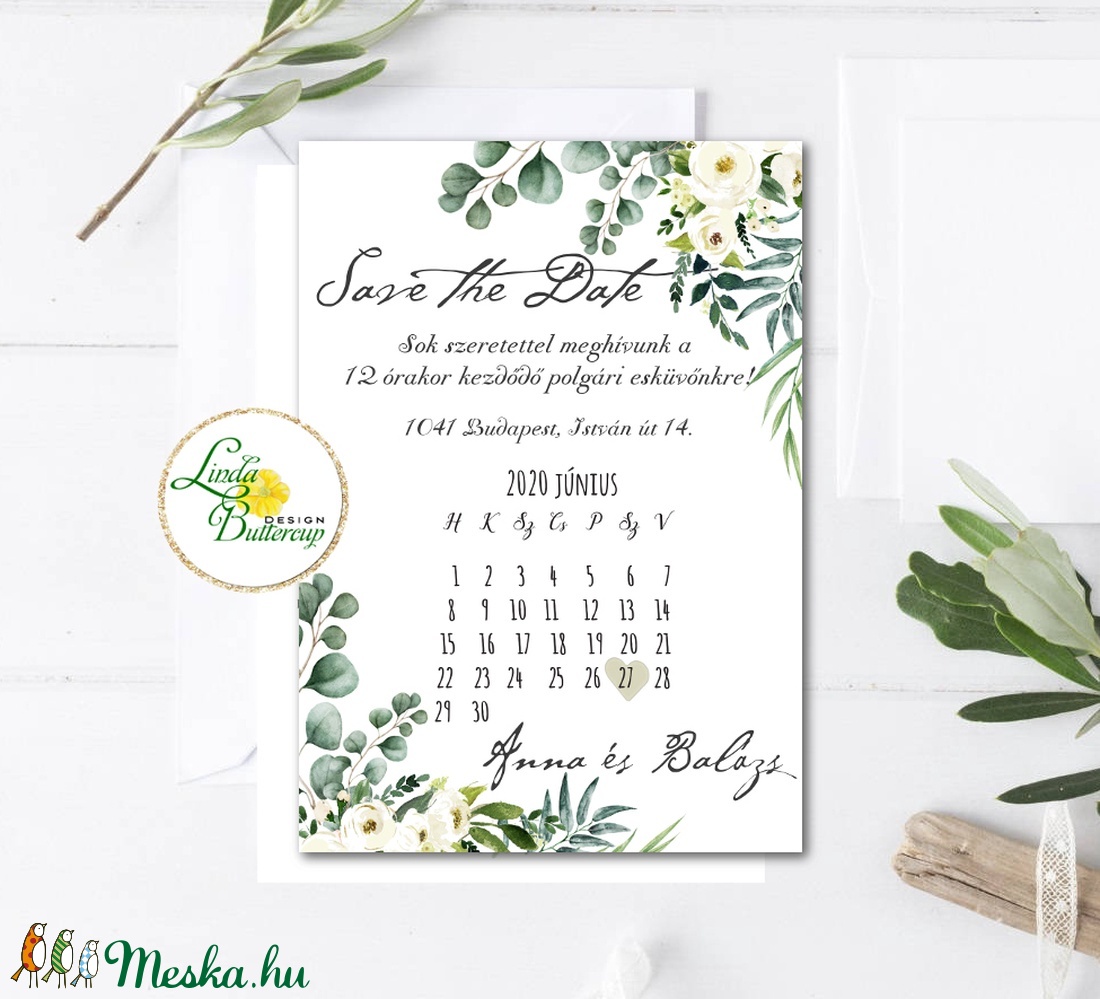 Save the date, naptár,  Greenery esküvői meghívó, zöld levél ág, eukaliptusz, fehér, krém virágos - esküvő - meghívó & kártya - meghívó - Meska.hu