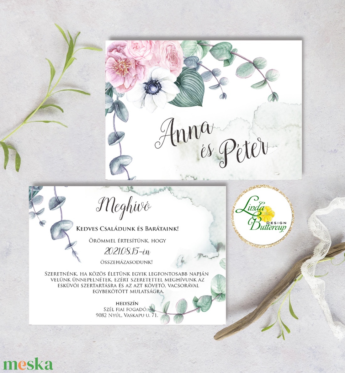 Vízfesték meghívó Pink - Greenery meghívó, Bazsarózsa, eukaliptusz ág, Rózsaszín virágos, Zöld leveles esküvői meghívó - esküvő - meghívó & kártya - meghívó - Meska.hu