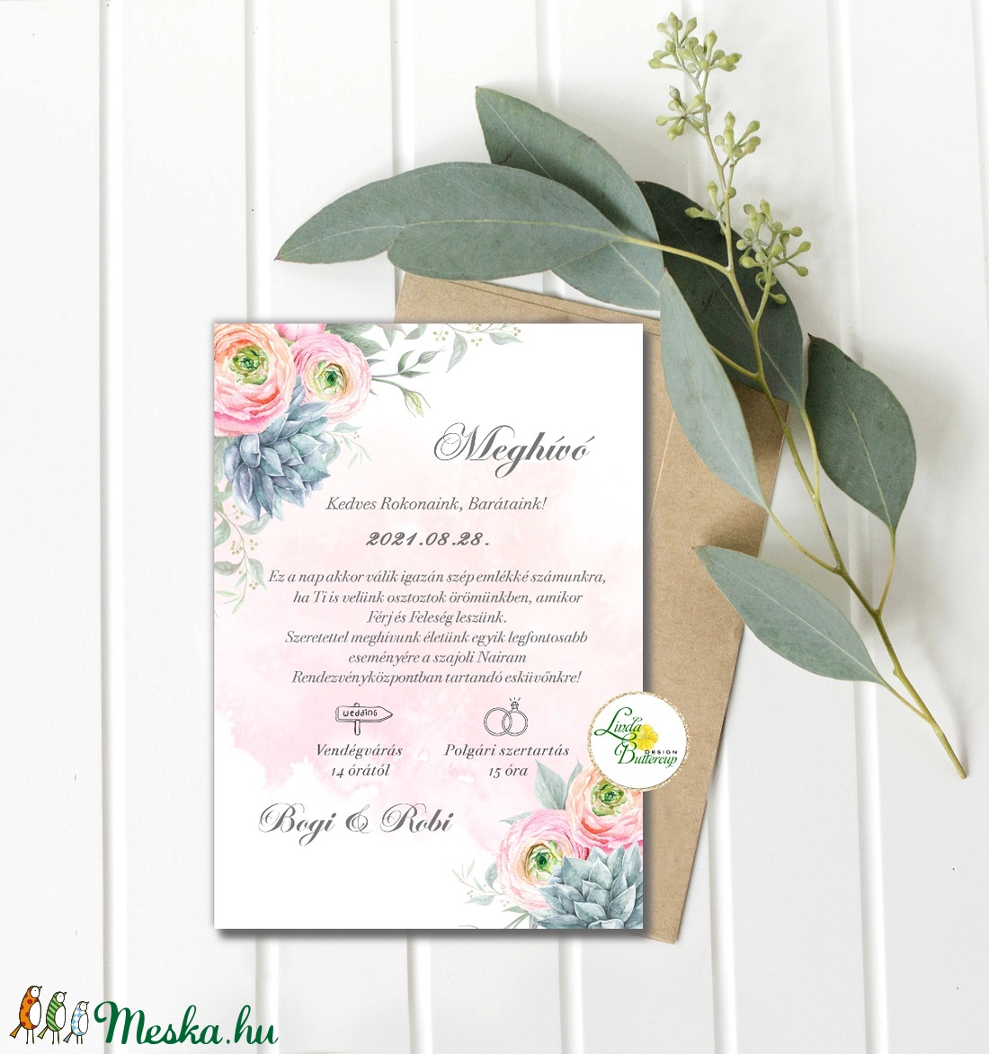 Vízfesték meghívó Pasztell pink - Greenery meghívó, kövirózsa, Rózsaszín virágos, bazsarózsa, Boglárka - esküvő - meghívó & kártya - meghívó - Meska.hu