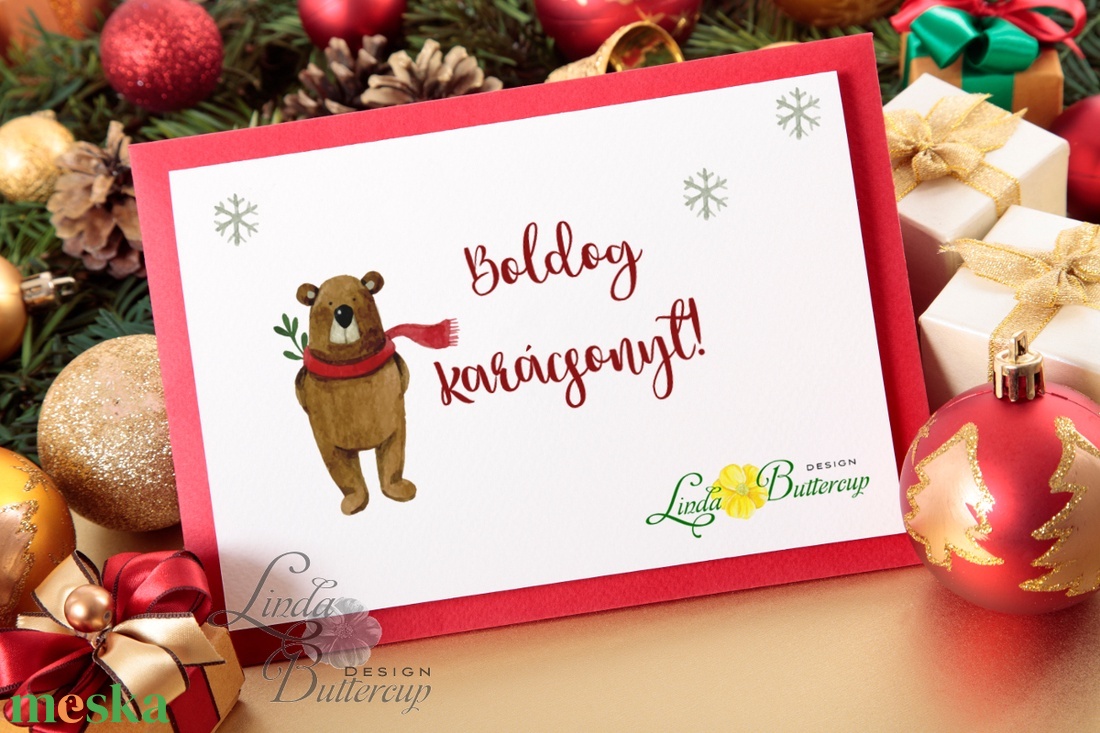 Arany fóiás karácsonyi kinyitható képeslap, vízfesték hatású erdei állatos designal, művészpapíron, borítékkal - karácsony - karácsonyi ajándékozás - karácsonyi képeslap, üdvözlőlap, ajándékkísérő - Meska.hu