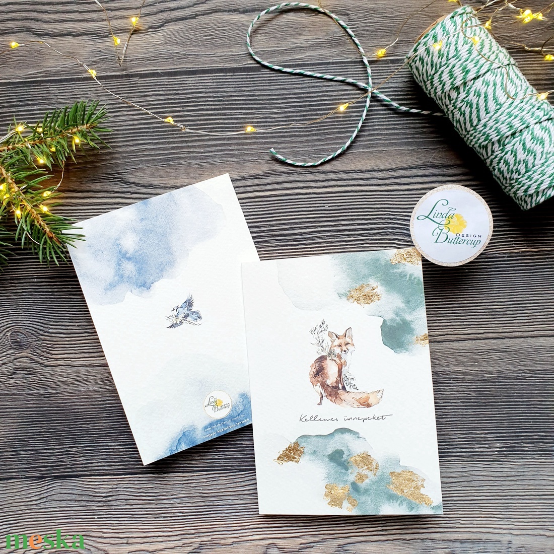 Arany fóiás karácsonyi kinyitható képeslap, vízfesték hatású erdei állatos designal, művészpapíron, borítékkal - karácsony - karácsonyi ajándékozás - karácsonyi képeslap, üdvözlőlap, ajándékkísérő - Meska.hu