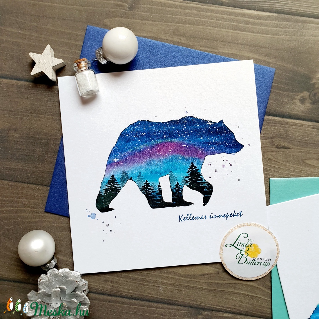 Medve Karácsonyi képeslap, állatos, északi fény, csillogó - karácsony - karácsonyi ajándékozás - karácsonyi képeslap, üdvözlőlap, ajándékkísérő - Meska.hu