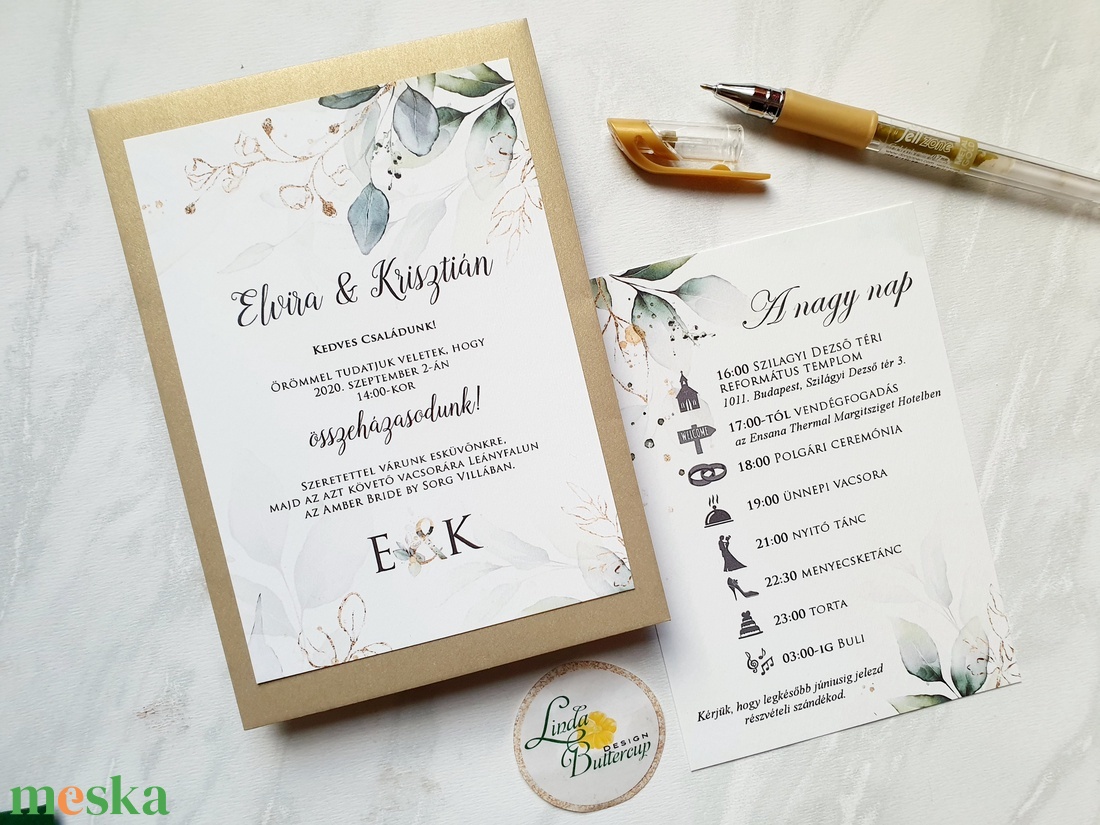 Arany. Greenery, esküvői meghívó, BORÍTÉKKAL - esküvő - meghívó & kártya - meghívó - Meska.hu