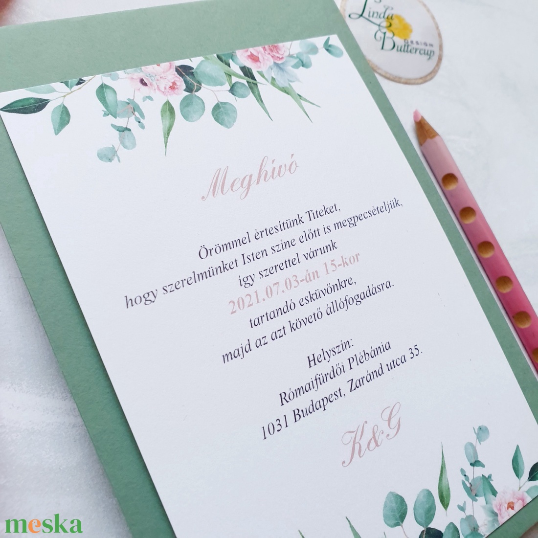 Greenery koszorú, pink bazsarózsás, esküvői meghívó, BORÍTÉKKAL - esküvő - meghívó & kártya - meghívó - Meska.hu