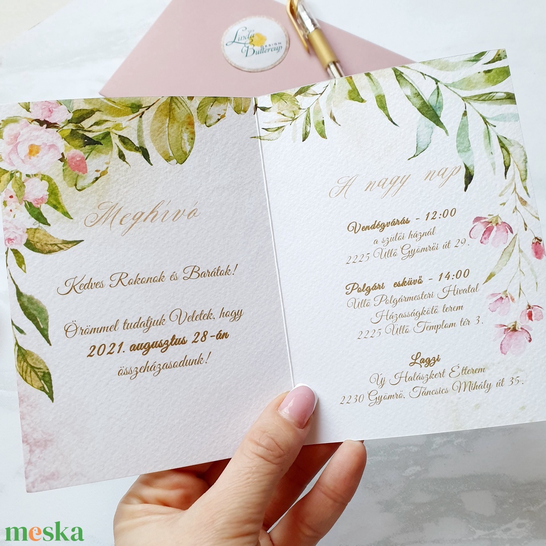 Kinyithatós, mályva és púder rózsaszín, greenery leveles, esküvői meghívó, vízfesték hatással, BORÍTÉKKAL - esküvő - meghívó & kártya - meghívó - Meska.hu