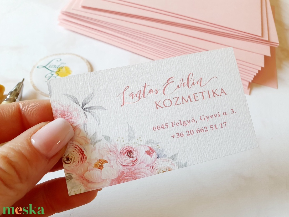 Bazsarózsás, Virágos Névjegykártya, EGY OLDALAS, kozmetikus, fodrász, körmös, pasztell, rózsaszín - otthon & életmód - papír, írószer - névjegykártya - Meska.hu