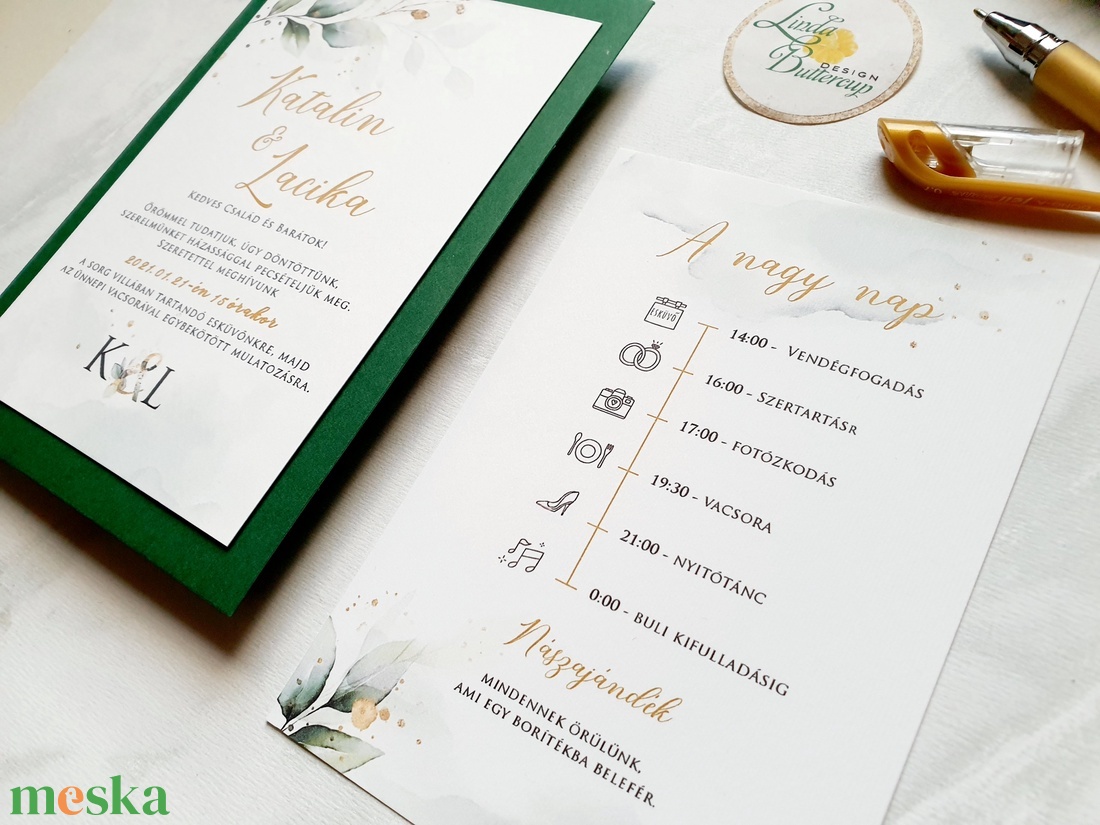 Arany Greenery, esküvői meghívó, BORÍTÉKKAL - esküvő - meghívó & kártya - meghívó - Meska.hu