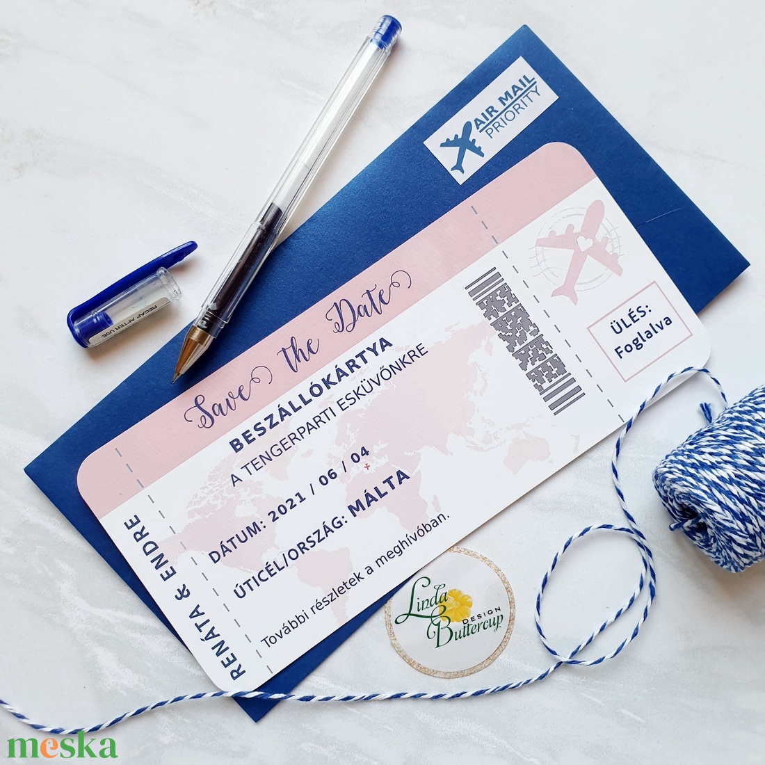 Beszállókártya meghívó, Save the date,  Repülőjegy, núd, rosegold, navy blue - esküvő - meghívó & kártya - meghívó - Meska.hu