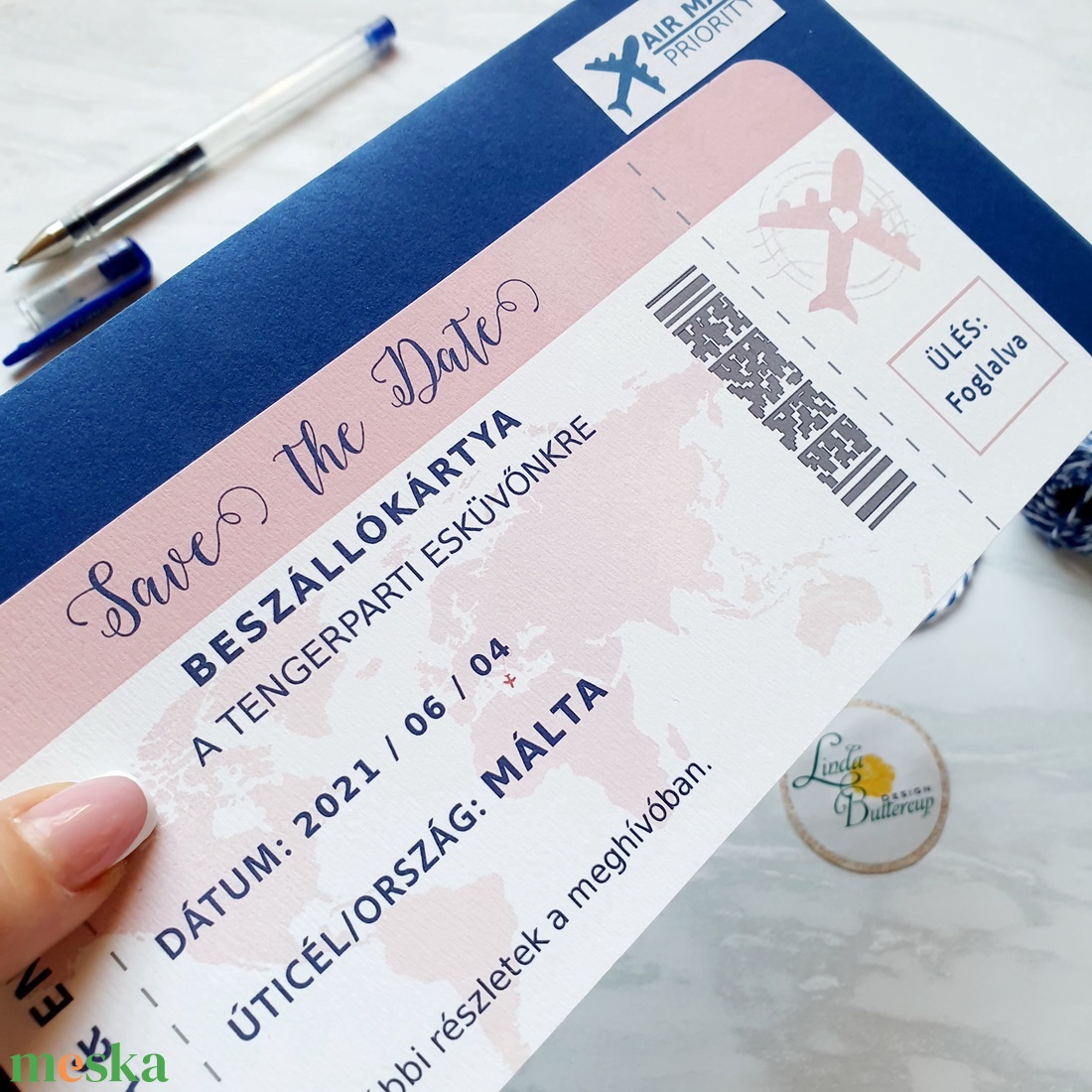 Beszállókártya meghívó, Save the date,  Repülőjegy, núd, rosegold, navy blue - esküvő - meghívó & kártya - meghívó - Meska.hu