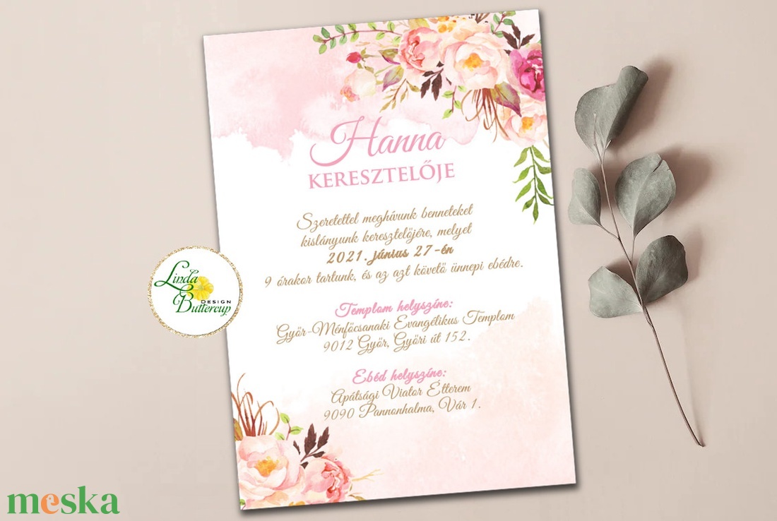 Virágos, púder rózsaszín és barack, keresztelő meghívó, lányos+SZERKESZTÉSIDÍJ leirásból is tedd kosárba - otthon & életmód - papír, írószer - Meska.hu
