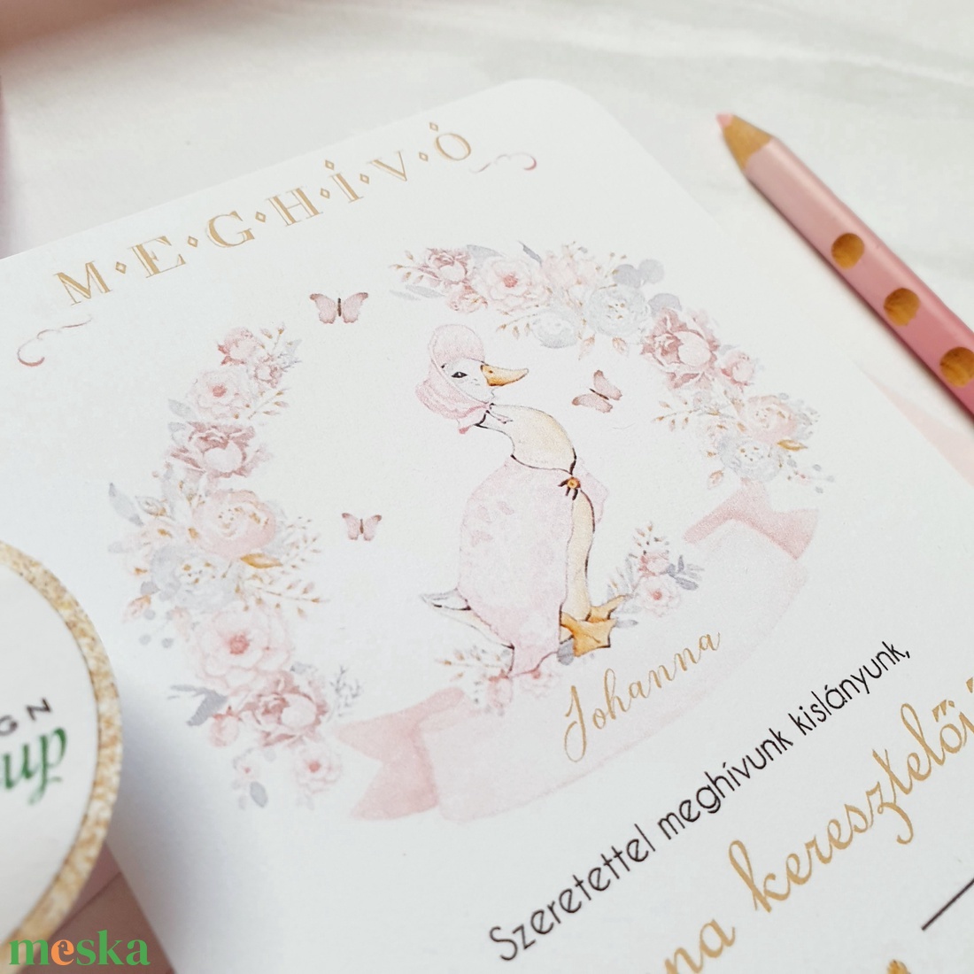 Keresztelő meghívó, kislányos, liba, kacsa + SZERKESZTÉSI DÍJ a leírásból - otthon & életmód - papír, írószer - ajándékozás kellékei - meghívó - Meska.hu