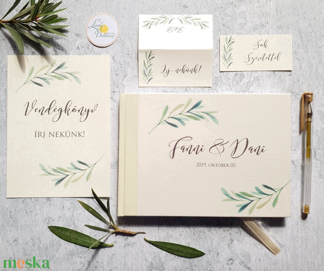 Greenery - Krém, Vendégkönyv, emlékkönyv, zöld leveles - esküvő - emlék & ajándék - vendégkönyv - Meska.hu