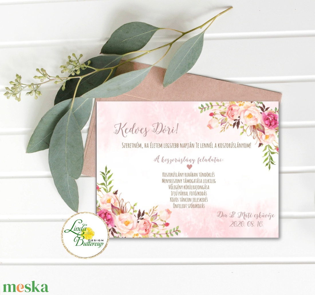 Koszorúslány felkérő lap, pasztell pink, rózsás - esküvő - meghívó & kártya - meghívó - Meska.hu