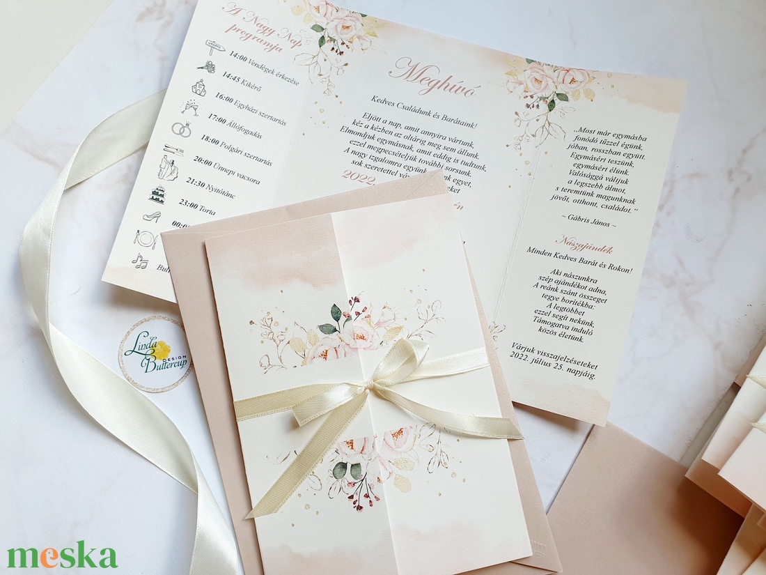Krém, Núd, ablakos meghívó, rosegold, Masnizva és BORÍTÉKKAL - esküvő - meghívó & kártya - meghívó - Meska.hu