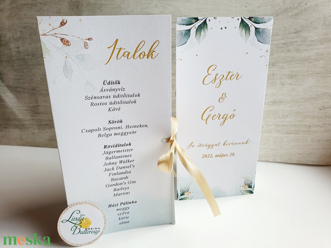 Arany, Greenery, menü, vacsora, itallap - esküvő - meghívó & kártya - menü - Meska.hu