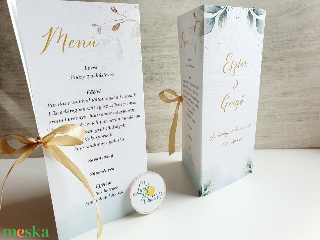 Arany, Greenery, menü, vacsora, itallap - esküvő - meghívó & kártya - menü - Meska.hu