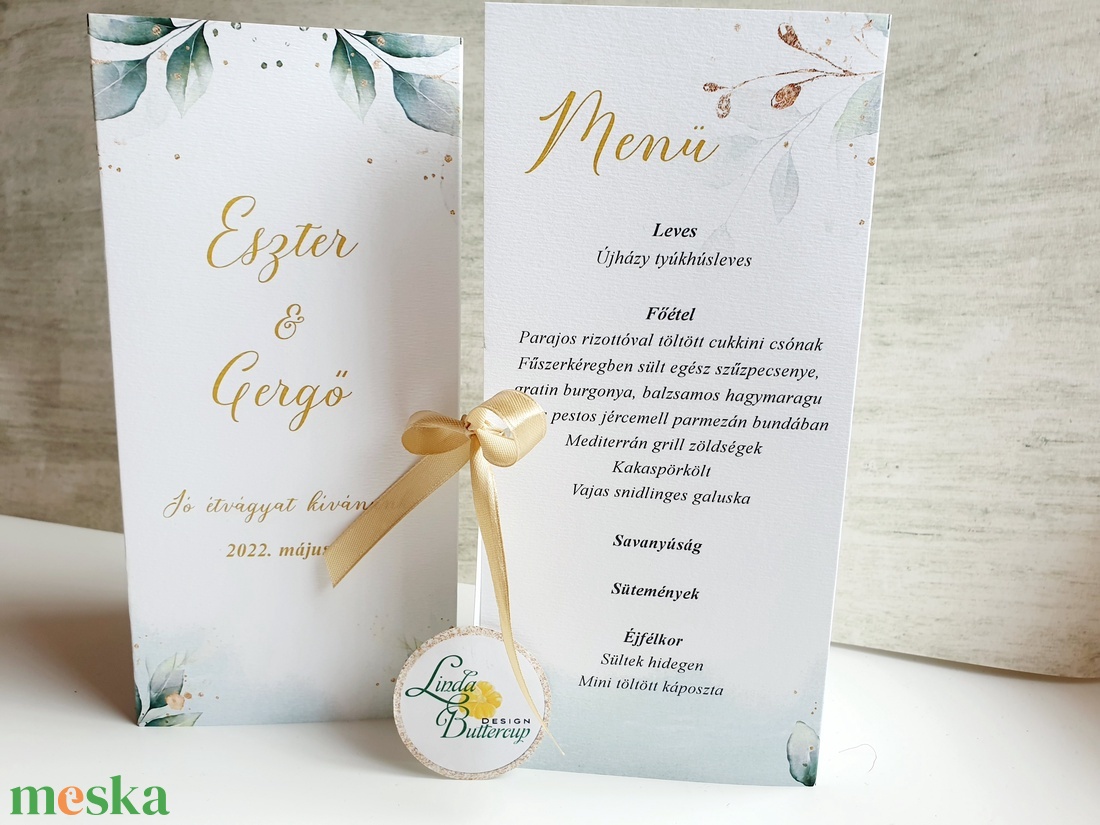Arany, Greenery, menü, vacsora, itallap - esküvő - meghívó & kártya - menü - Meska.hu