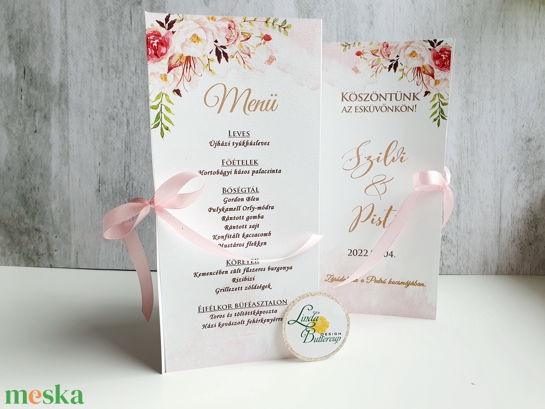 Rózsás, púder rózsaszín, arany színű, menü, vacsora, itallap - esküvő - meghívó & kártya - menü - Meska.hu