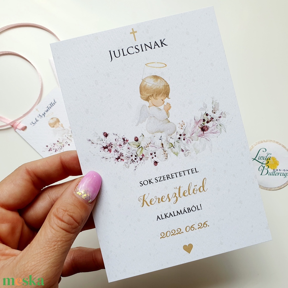 Angyalkás, keresztelőre ajándék, emlék, meghívó, lányos - otthon & életmód - papír, írószer - Meska.hu
