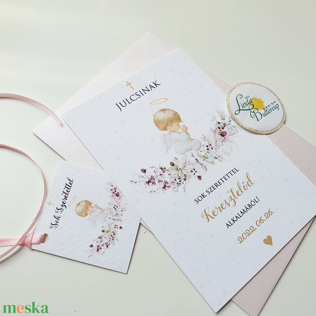 Angyalkás, keresztelőre ajándék, emlék, meghívó, lányos - otthon & életmód - papír, írószer - Meska.hu