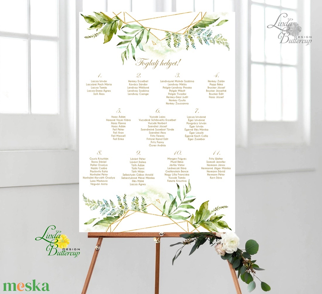 Ültetési rend, greenery, leveles, ültető, papír poszter - esküvő - meghívó & kártya - ültetési rend - Meska.hu