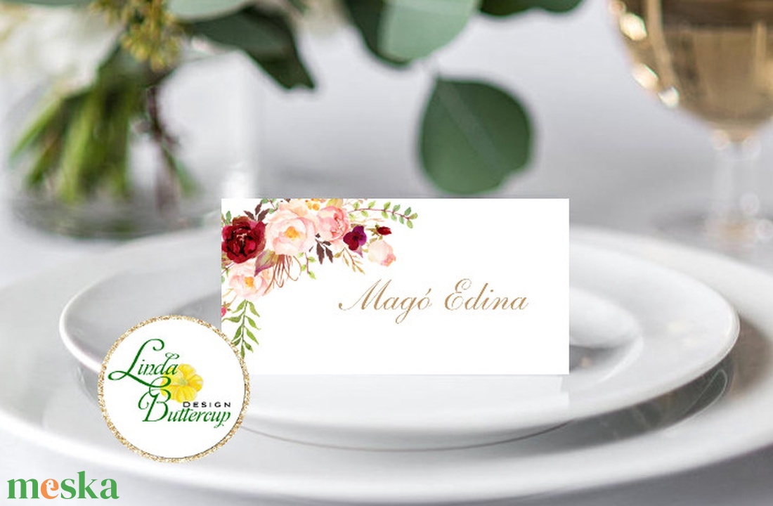 bordó, rózsás, virágos, ültető kártya, ültető, névkártya, név tábla, Esküvői dekor - esküvő - meghívó & kártya - ültetési rend - Meska.hu