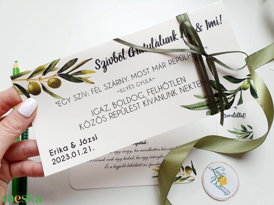 Oliva, greenery, Pénzátadó boríték, Nászajándék, Gratulálunk képeslap, Esküvői Gratuláció - esküvő - emlék & ajándék - nászajándék - esküvői pénzátadó boríték, kártya - Meska.hu