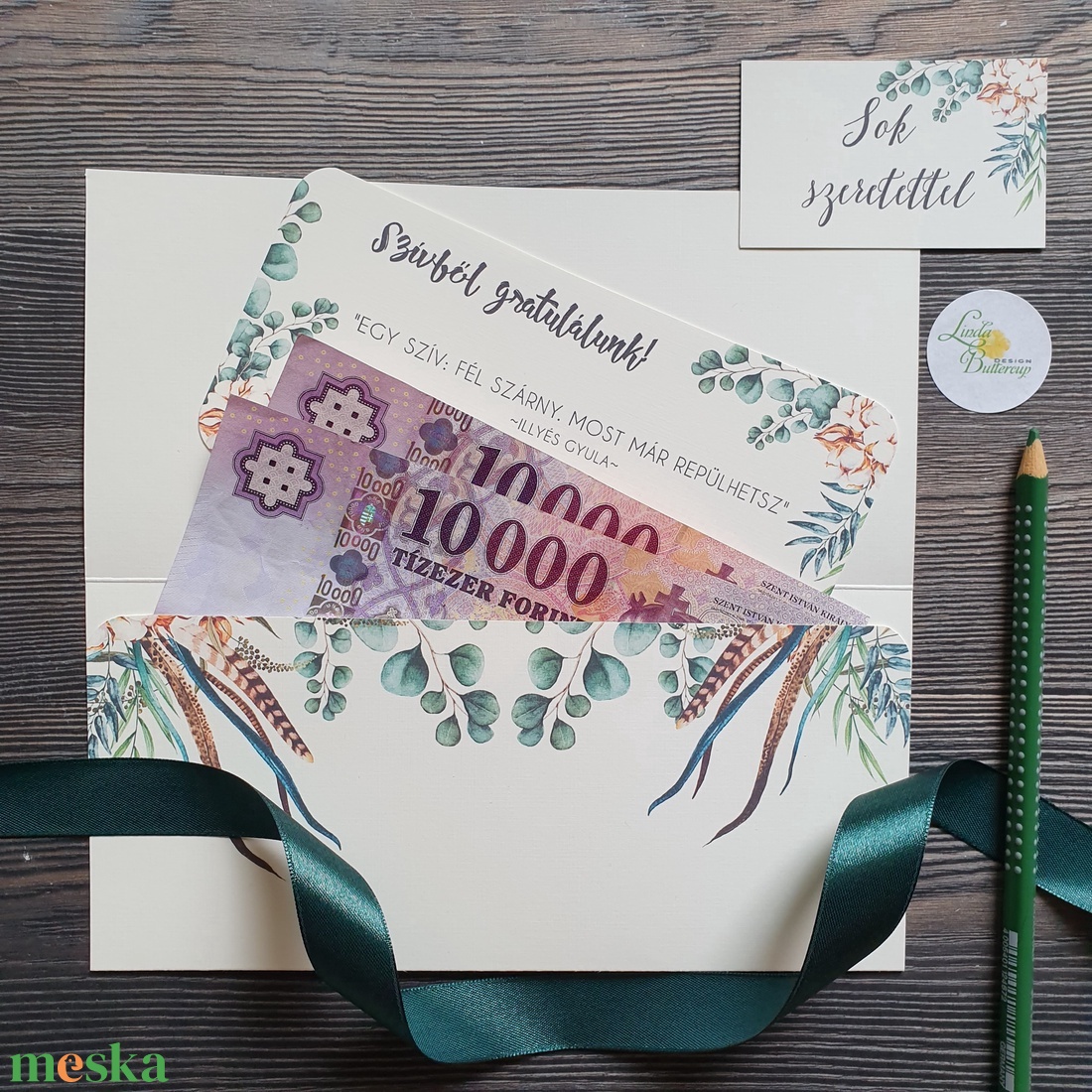 Greenery, Pénzátadó boríték, Nászajándék, Gratulálunk képeslap, Esküvői Gratuláció - esküvő - emlék & ajándék - nászajándék - esküvői pénzátadó boríték, kártya - Meska.hu