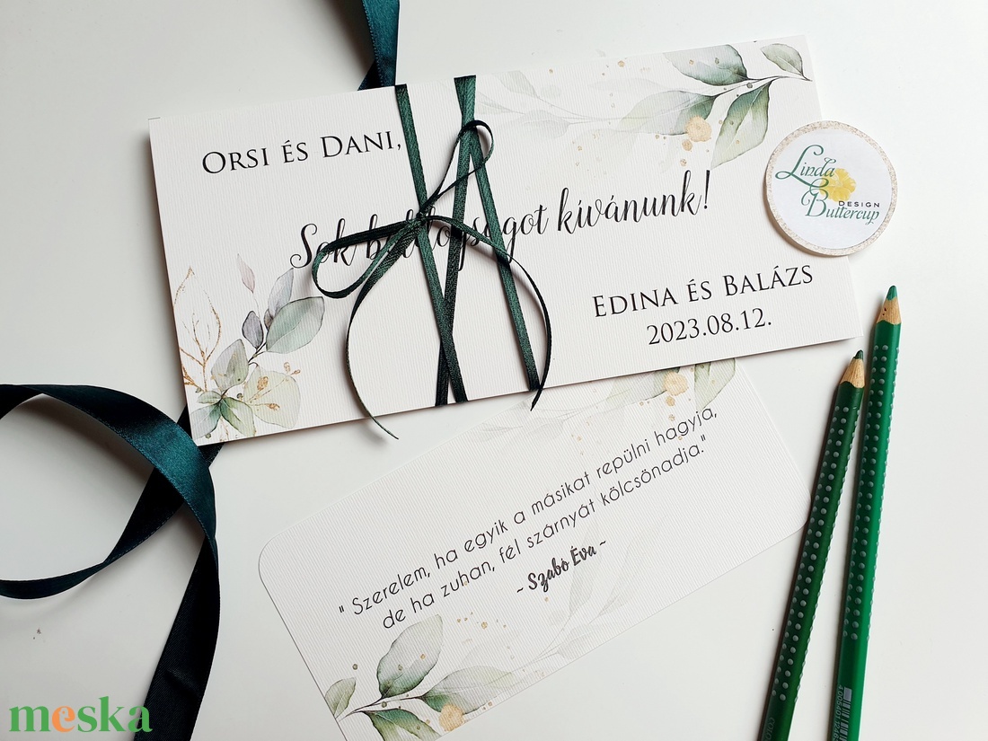 greenery, Pénzátadó boríték, Nászajándék, Gratulálunk képeslap, Esküvői Gratuláció - esküvő - emlék & ajándék - nászajándék - esküvői pénzátadó boríték, kártya - Meska.hu