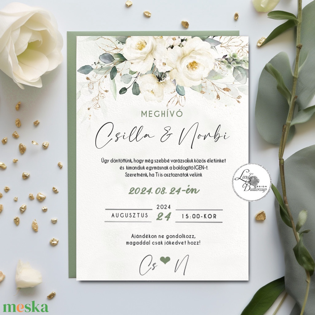 Greenery, Krém virágos, rózsás, esküvői meghívó + SZERKESZTÉSI DÍJ-at is tedd kosárba a leírásból BORÍTÉK NÉLKÜL - esküvő - meghívó & kártya - meghívó - Meska.hu