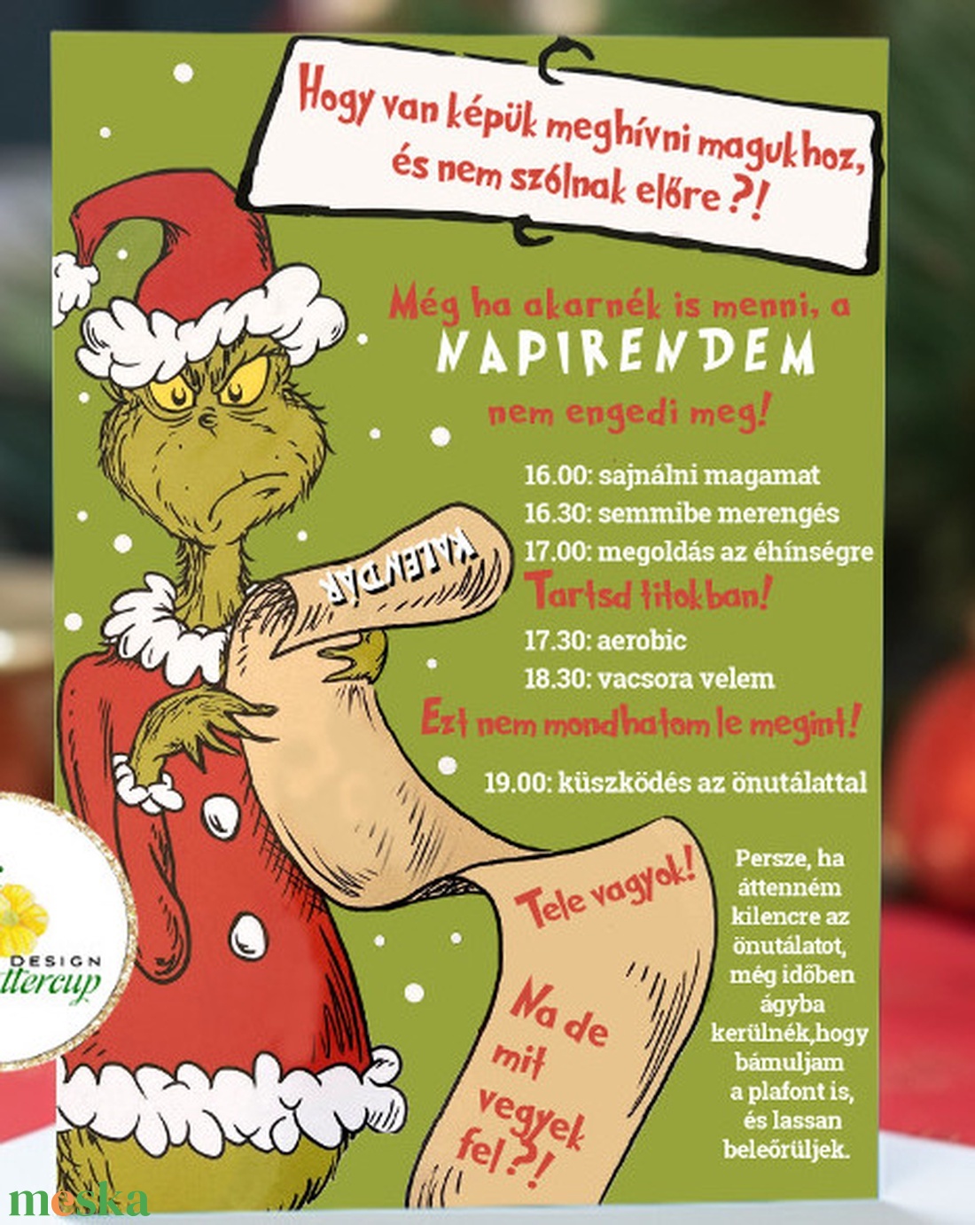 Grinch Képeslap, Grincs ajándék, vicces üdvözlőlap, karácsonyi képeslap