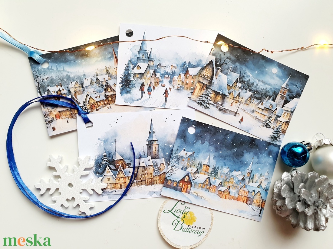 Hangulatos havas téli táj, karácsonyi képeslap, téli havas táj, festmény, házak, karácsonyi város - karácsony - karácsonyi ajándékozás - karácsonyi képeslap, üdvözlőlap, ajándékkísérő - Meska.hu