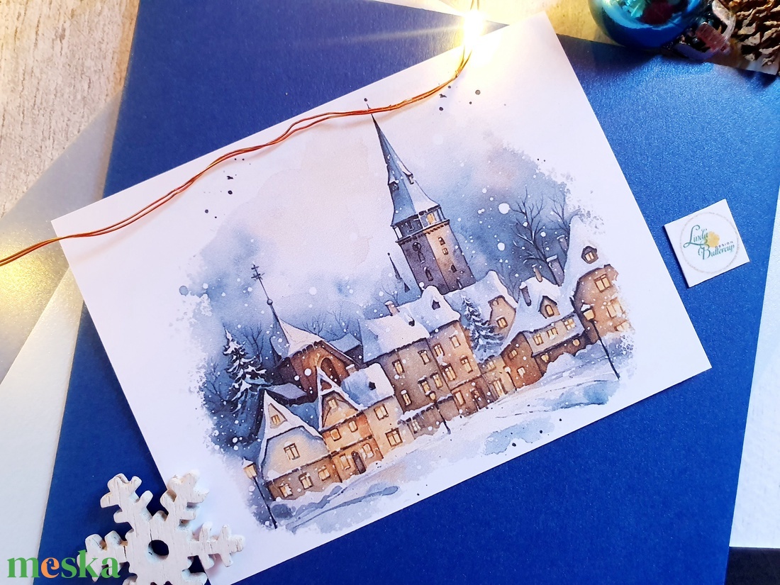 Hangulatos havas téli táj, karácsonyi képeslap, téli havas táj, festmény, házak, karácsonyi város - karácsony - karácsonyi ajándékozás - karácsonyi képeslap, üdvözlőlap, ajándékkísérő - Meska.hu