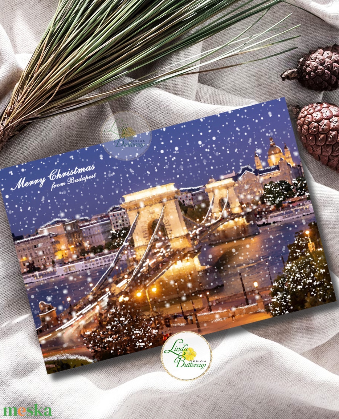 Budapesti Karácsonyi Képeslap, Adventi Képeslap, Karácsony, üdvözlőlap, Budapest, havas, hóesés, lánchíd, duna - karácsony - karácsonyi ajándékozás - karácsonyi képeslap, üdvözlőlap, ajándékkísérő - Meska.hu